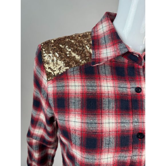 E2 Plaid and Sequin Western Styled Shirt M Red Blue Cotton Vintage - Picture 2 of 16